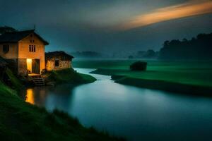 une maison est assis sur le bord de une rivière à crépuscule. généré par ai photo