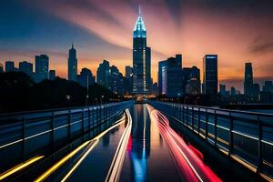 une ville horizon à crépuscule avec lumières sur le route. généré par ai photo