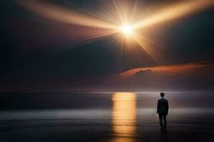 une homme permanent sur le plage à la recherche à le Soleil. généré par ai photo