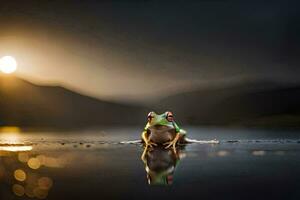 une grenouille séance sur le l'eau à le coucher du soleil. généré par ai photo