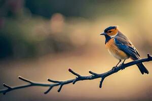 une petit oiseau est séance sur une branche. généré par ai photo