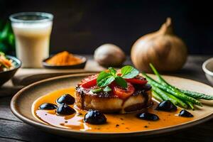 une assiette de nourriture avec des légumes et sauce. généré par ai photo