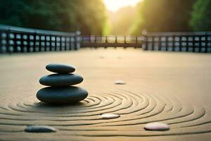 une Zen jardin avec des pierres et une pont. généré par ai photo