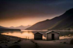 deux petit en bois huttes asseoir sur le rive de une lac. généré par ai photo