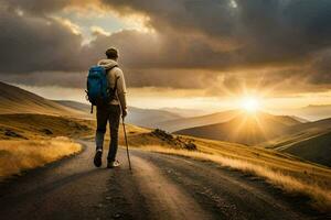 une homme avec une sac à dos et randonnée poteaux en marchant vers le bas une route à le coucher du soleil. généré par ai photo