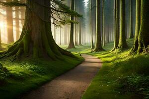 une chemin par une forêt avec des arbres et herbe. généré par ai photo