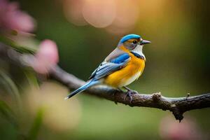 une bleu et Orange oiseau est séance sur une branche. généré par ai photo