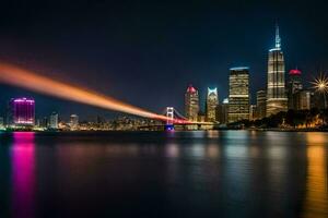 le ville horizon à nuit avec coloré lumières. généré par ai photo