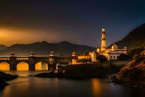 le le coucher du soleil plus de le pont et mosquée dans Inde. généré par ai photo