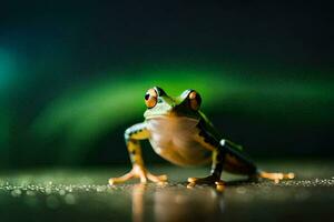 une grenouille est permanent sur une foncé Contexte. généré par ai photo