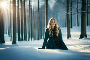 une magnifique blond femme séance dans le neige. généré par ai photo