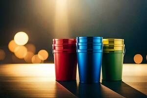 Trois coloré Plastique tasses sur une tableau. généré par ai photo