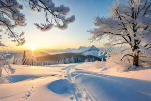 une neigeux paysage avec des arbres et Soleil. généré par ai photo