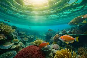 sous-marin scène avec corail récif et poisson. généré par ai photo