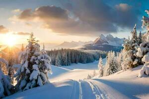 neige couvert des arbres et montagnes à le coucher du soleil. généré par ai photo