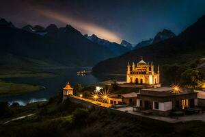 une petit église dans le montagnes à nuit. généré par ai photo