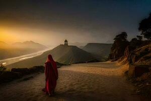 une femme dans une rouge peignoir des promenades vers le bas une chemin dans de face de une Montagne. généré par ai photo