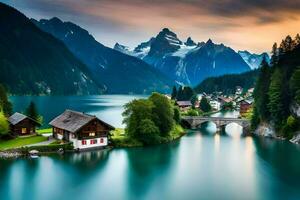 le maison sur le Lac à le coucher du soleil. généré par ai photo