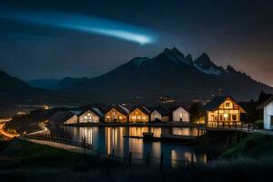 photo fond d'écran le ciel, montagnes, lumières, le lune, le nuit, le lac, le. généré par ai