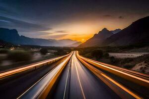 une longue exposition photographier de une Autoroute à le coucher du soleil. généré par ai photo