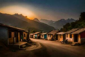 une village à le coucher du soleil dans le montagnes. généré par ai photo