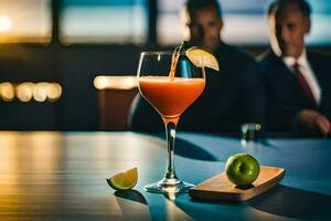 cocktail sur une table avec deux Hommes dans combinaisons. généré par ai photo