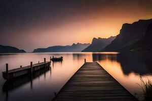 une jetée dans le milieu de une Lac à le coucher du soleil. généré par ai photo