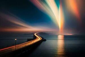 une longue exposition photo de une pont avec lumière les sentiers. généré par ai