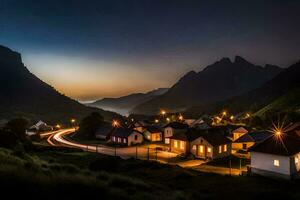 une village à nuit avec lumières sur le route. généré par ai photo