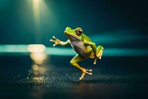 une grenouille sauter sur le sol. généré par ai photo