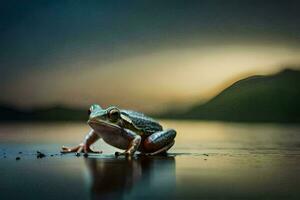 une grenouille séance sur le l'eau à le coucher du soleil. généré par ai photo