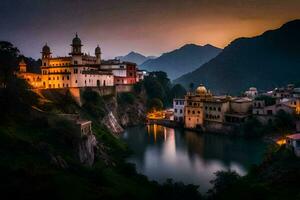 photo fond d'écran le ciel, montagnes, lac, coucher de soleil, le ville, Inde, le ville. généré par ai