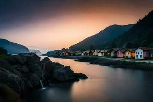 une rivière court par une ville à le coucher du soleil. généré par ai photo