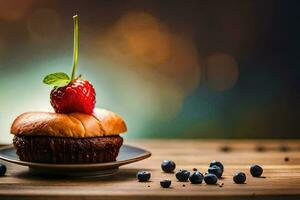 une petit gâteau avec des fraises et myrtilles sur Haut. généré par ai photo