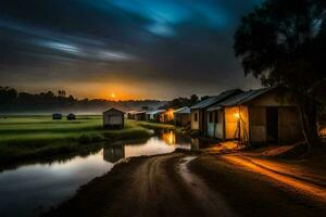 une rivière court par une village à nuit. généré par ai photo