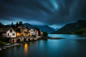 photo fond d'écran le ciel, montagnes, lac, Maisons, le sombre, le lac, le montagnes. généré par ai