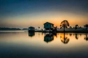 le lever du soleil plus de le lac. généré par ai photo