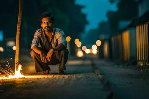 une homme séance sur le côté de une route à nuit. généré par ai photo