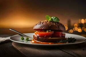 une Burger avec tomate et fromage sur une plaque. généré par ai photo