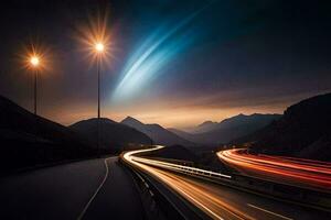 une longue exposition photo de une Autoroute à nuit. généré par ai