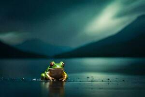 une grenouille séance sur le l'eau dans de face de une foncé ciel. généré par ai photo