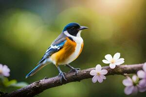 une oiseau est séance sur une branche avec fleurs. généré par ai photo