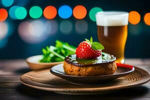 une dessert avec des fraises et une bière. généré par ai photo