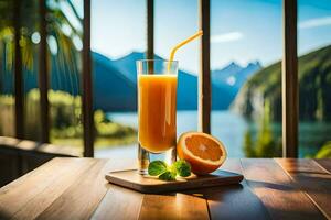 un Orange jus avec une paille sur une table dans de face de une lac. généré par ai photo