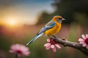 une bleu et Jaune oiseau est assis sur une branche dans de face de rose fleurs. généré par ai photo