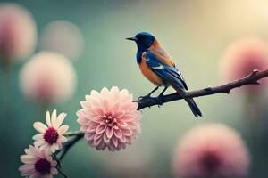 une oiseau est assis sur une branche avec rose fleurs. généré par ai photo