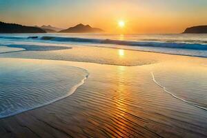 le Soleil réglage plus de le océan et vagues sur une plage. généré par ai photo