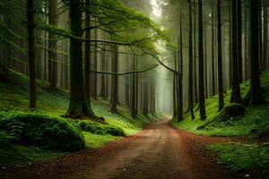 une saleté route dans le milieu de une vert forêt. généré par ai photo