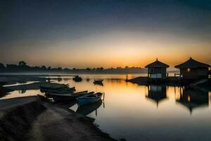 bateaux sont amarré sur le rive à lever du soleil. généré par ai photo