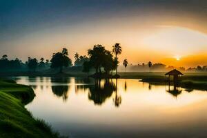 le Soleil monte plus de une Lac et une le golf cours. généré par ai photo